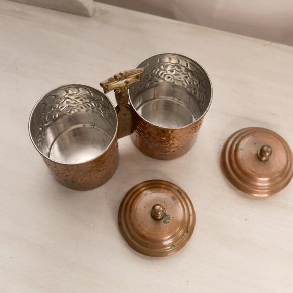 Medium Copper Silver Tone Caddy with Attached 2 Canisters (Brass Center) - Picture 5 of 5